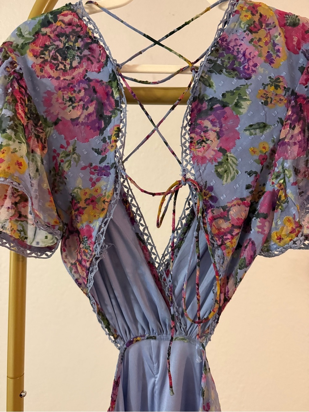 NWT Boohoo Petite Floral Dobby Mesh Cut Out Maxi Dress Blue US 10 - Picture 7 of 10
